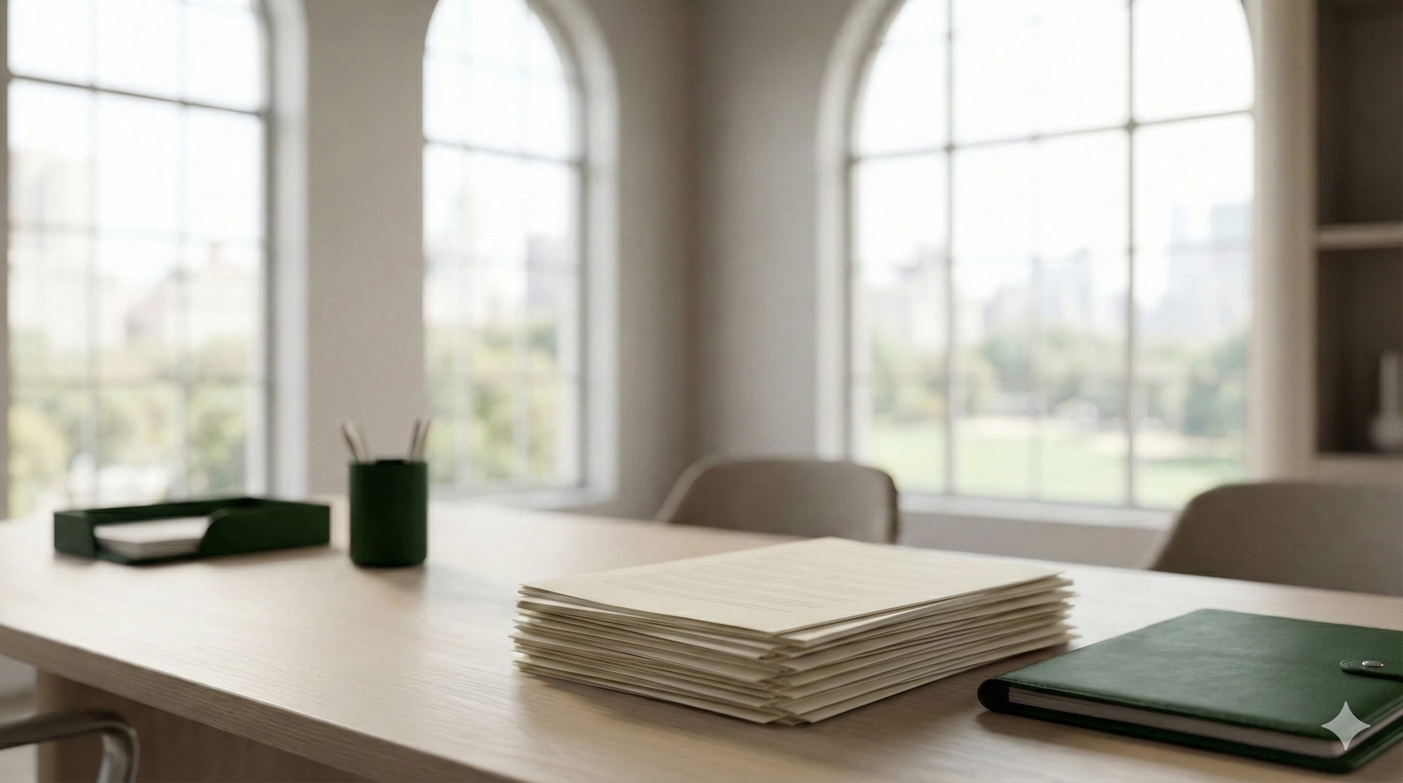 Two women sitting at a modern table talking with a city view behind them.